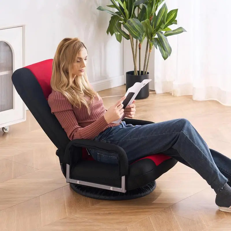 Swivel Floor Gaming Chair with Armrests, 360-Degree Rotating Floor Chair with 6 Adjustable Position Folding Backrest and Lumbar Support, Folding Video Reclining Sofa for TV Reading, Red Black