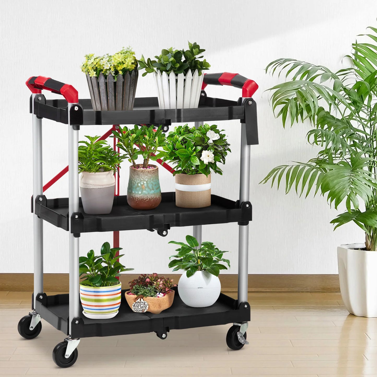Three-Tier Foldable Utility Cart with Lockable Wheels