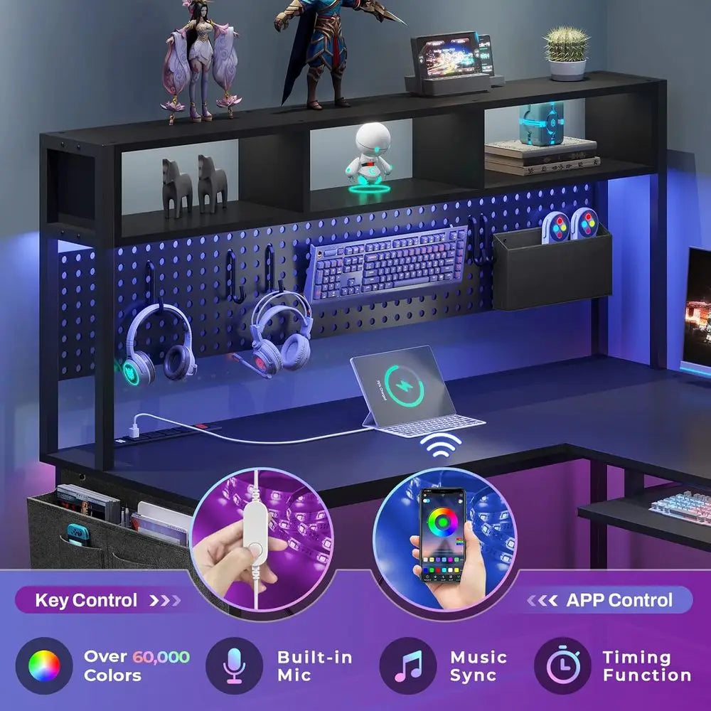 Black L-Shaped Gaming Desk with Reversible Surface, Power Outlet, LED Lights, and Storage Solutions