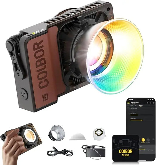 COLBOR handheld COB LED light for photography with brown panel and accessory kit