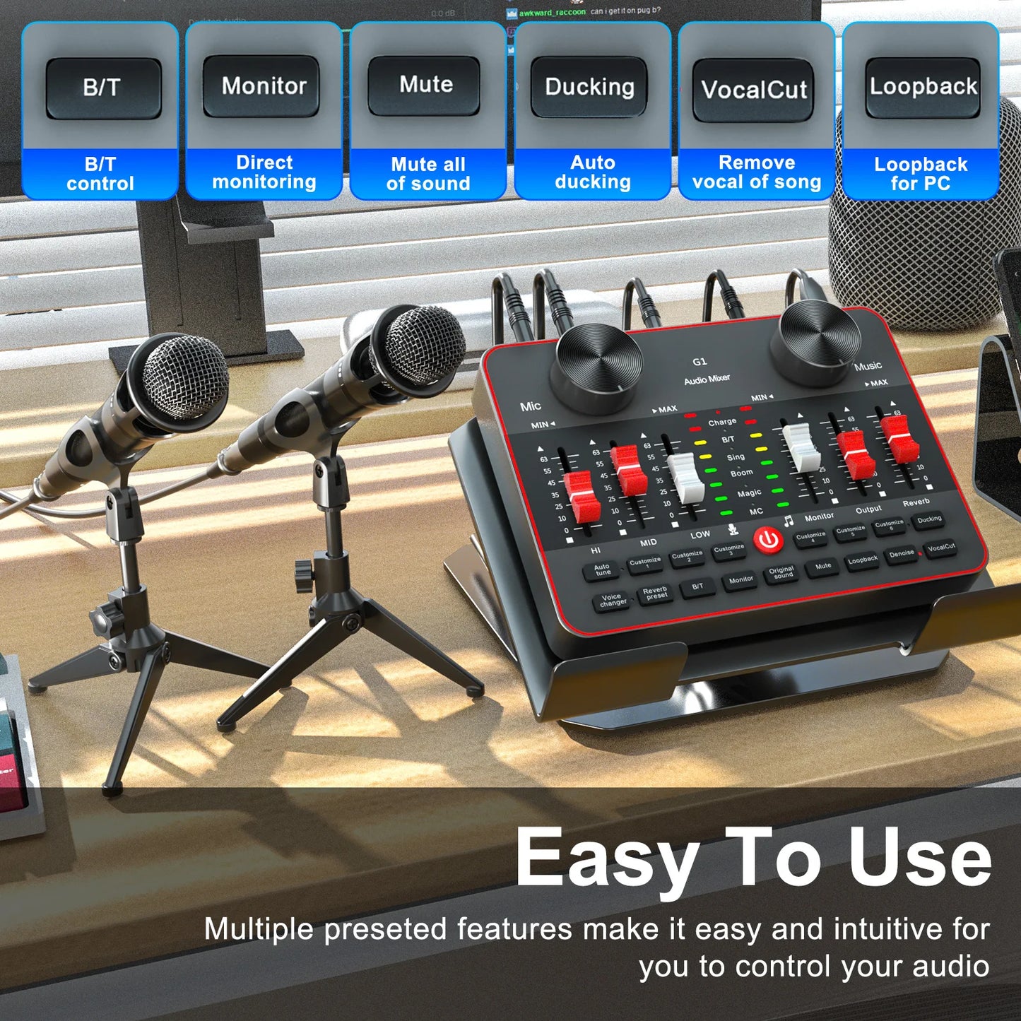 Live Sound Card 6 Channel Audio Mixer with Two 3.5mm Condenser Microphone, Professional Podcast Influencer KOL Singing Gaming DJ Mixing Station Controller Equipment