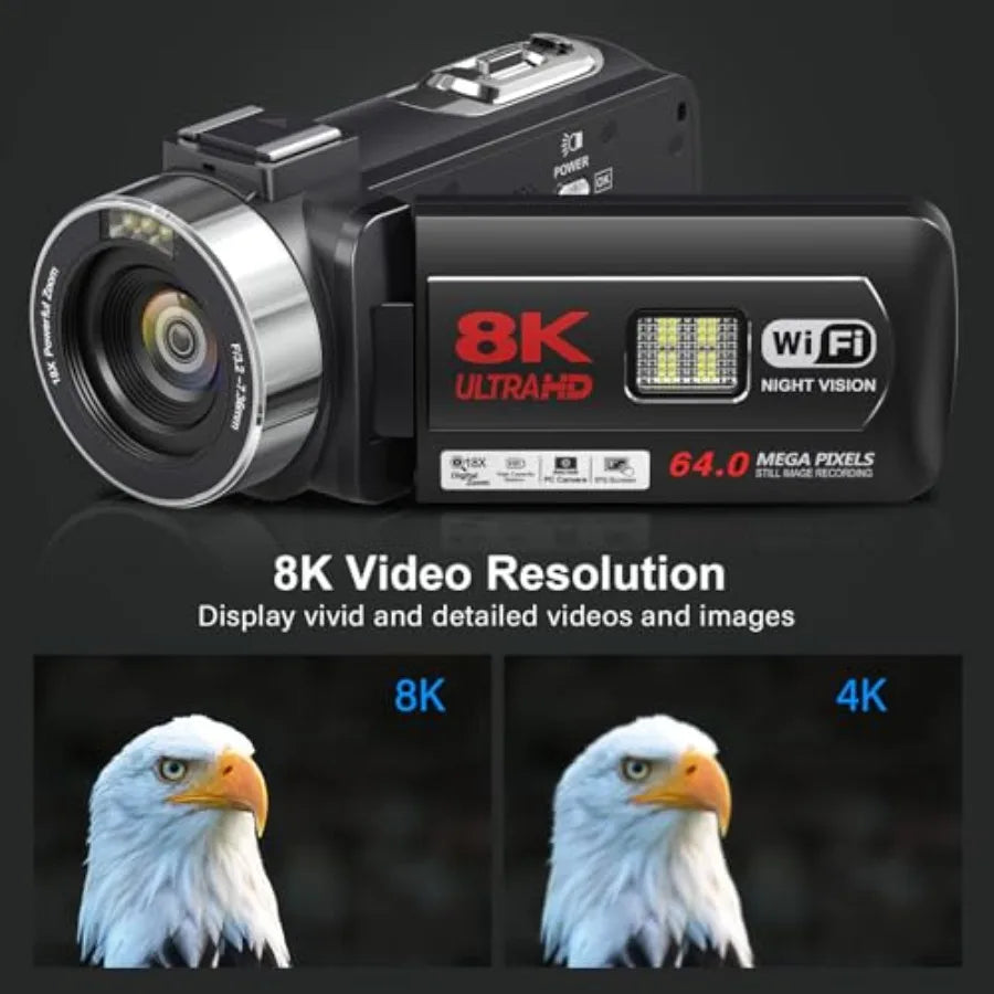 YouTube vlogging camera with 8K/64MP resolution, 18x digital zoom, IR night vision, WiFi, 3.0 touch screen, 32GB SD card, remot