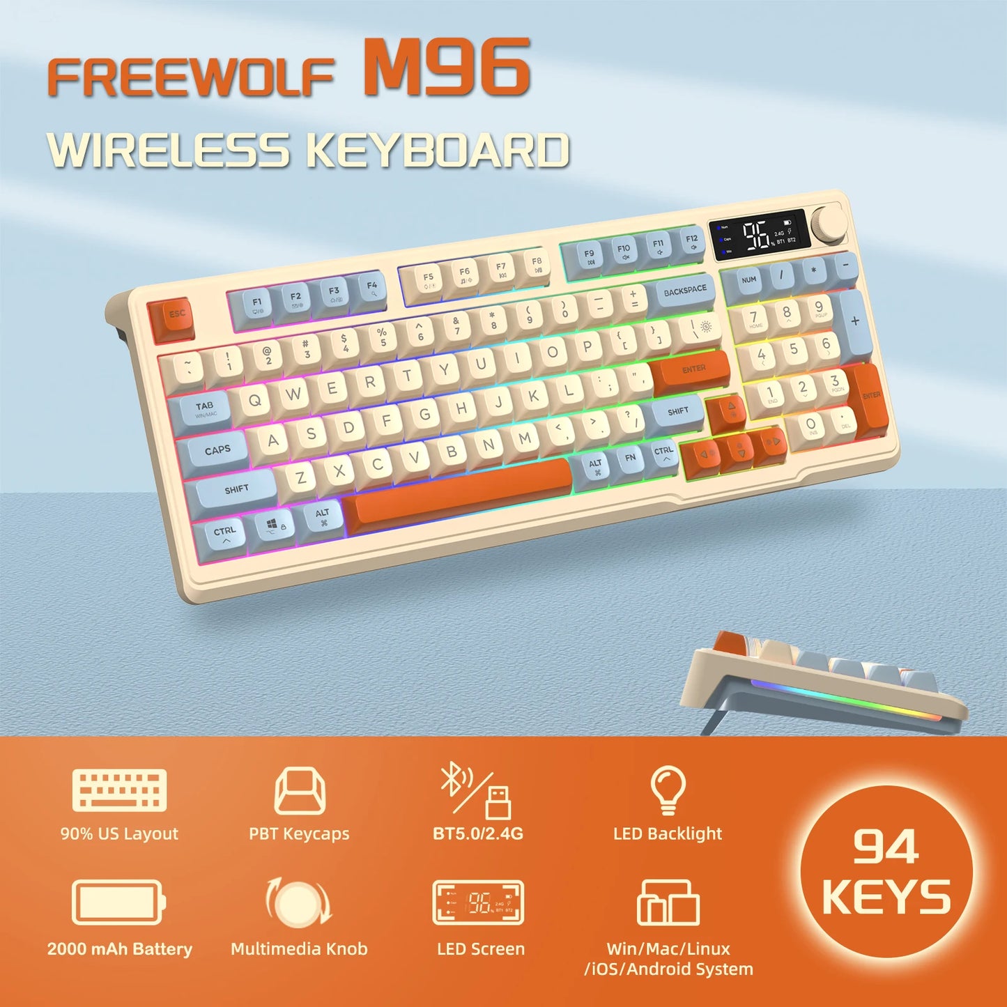 ZIYOU LANG Wireless Gaming Keyboard with Display Screen & Knob, Bluetooth/2.4GHz Quiet Membrane Keyboard, 3000mAh Rechargeable Multiple Flavors