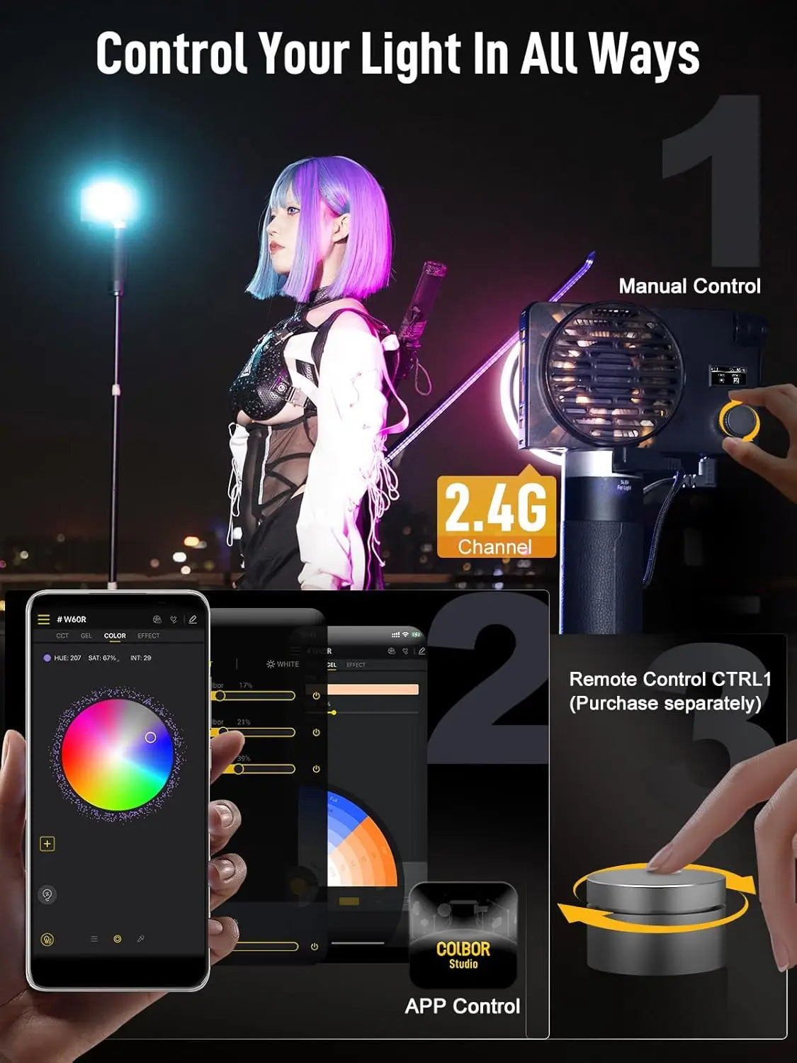 COLBOR W60 W60R W100 W100R 60W 100W COB LED Light Photography Lighting Handheld Portable Pocket Light for Outdoor Shooting SYNCO