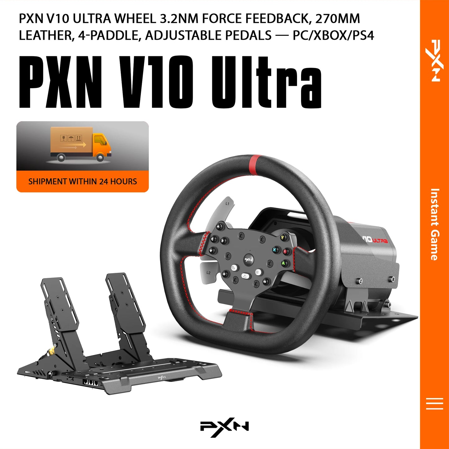 PXN V10 Ultra Direct Drive Racing Wheel for PC/PS4/Xbox, 3.2Nm Force Feedback, 4 Paddles, Hall 2-Pedal, APP Support