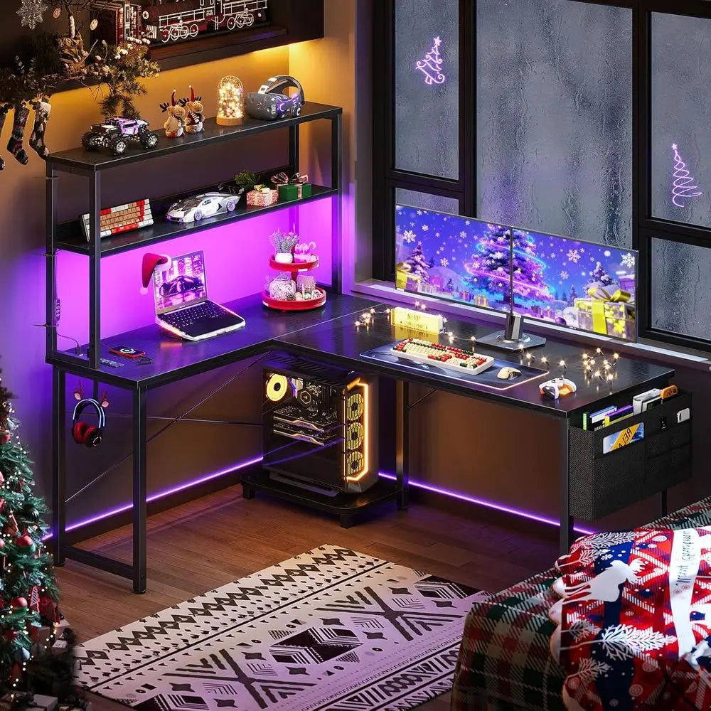 53 L-Shaped Gaming Desk with LED, Reversible, Power Outlets, Storage, Black