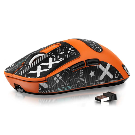 Attack Shark X3 wireless gaming mouse in orange with black geometric pattern and USB dongle.