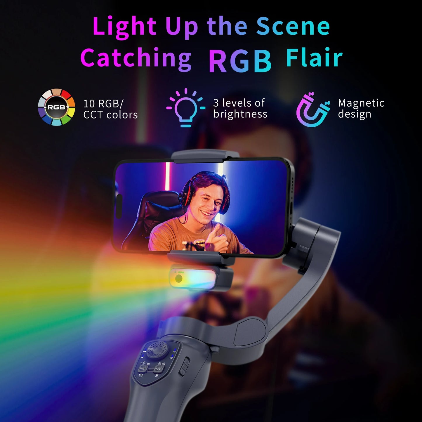 COMITOK L7C 3-Axis Smartphone Gimbal Stabilizer With AI Tracking Module & RGB Fill Light Version Foldable Portable with Face Object Tracking Compatible iPhone Android Anti-Shake Support Panorama Time-lapse Vlog Shooting