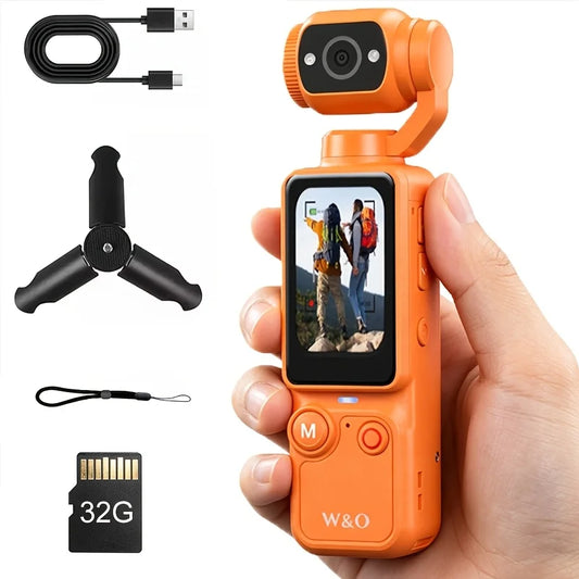 Ultra HD 4K sports camcorder orange handheld action camera with 32GB card, USB cable, tripod, and wrist strap