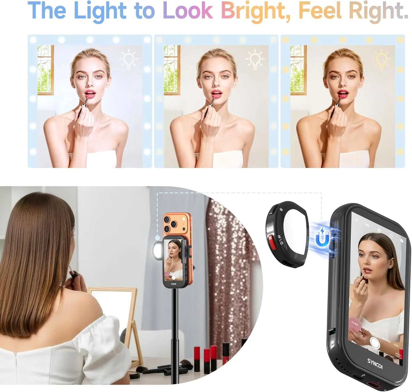 SYNCO XView Selfie Monitor Screen for iPhone 7-17 Series AI Gesture Wireless Magnetic Rear Camera 4K 1080P 164FT for Photograph