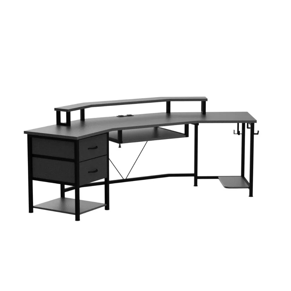 79" Gaming Desk, Computer Desk with 2 Fabric Drawers & LED Light, L Shaped Gaming Desk with Storage Shelf for Home, Customized