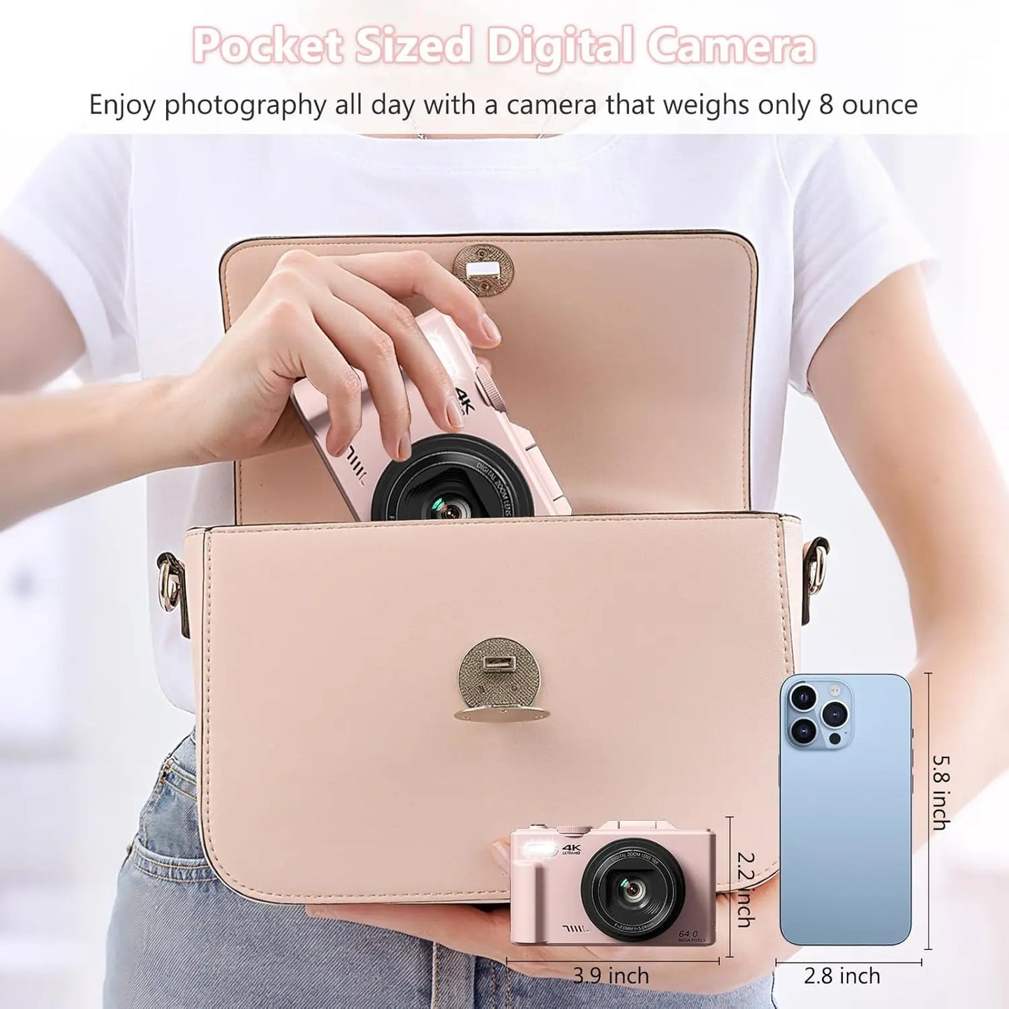 Pink 64MP Photo Capture 4K Digital Camera, 180° Flip Screen Vlogging Camera, WiFi-Enabled Compact Point-and-Shoot with 32GB Memory Card, Easy to Use for Beginners and Travelers,