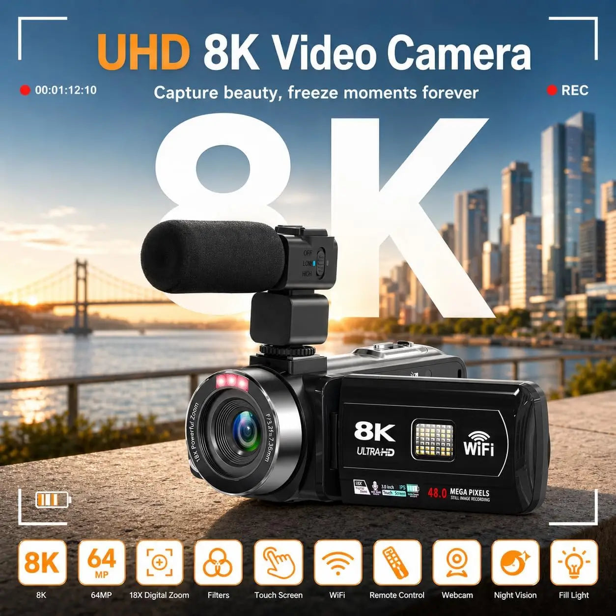 8K UHD Camcorder for Vlogging, YouTube, 48MP Video Camera with IR Night Vision, WiFi, 3-Inch Touch Screen, 18X Digital Zoom, Fill Light, Microphone, Stabilizer, Remote, and 2 Batteries