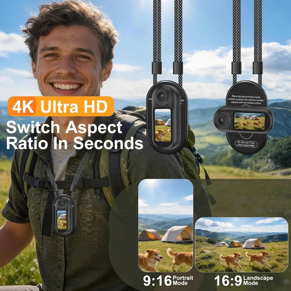4K Body Camera, 1.5" Screen, 6-Axis Stabilization, WiFi/Bluetooth, Helmet/Sports POV Wearable