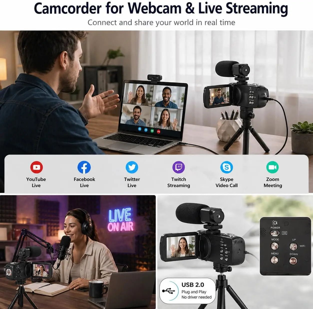 8K UHD Camcorder for Vlogging, YouTube, 48MP Video Camera with IR Night Vision, WiFi, 3-Inch Touch Screen, 18X Digital Zoom, Fill Light, Microphone, Stabilizer, Remote, and 2 Batteries