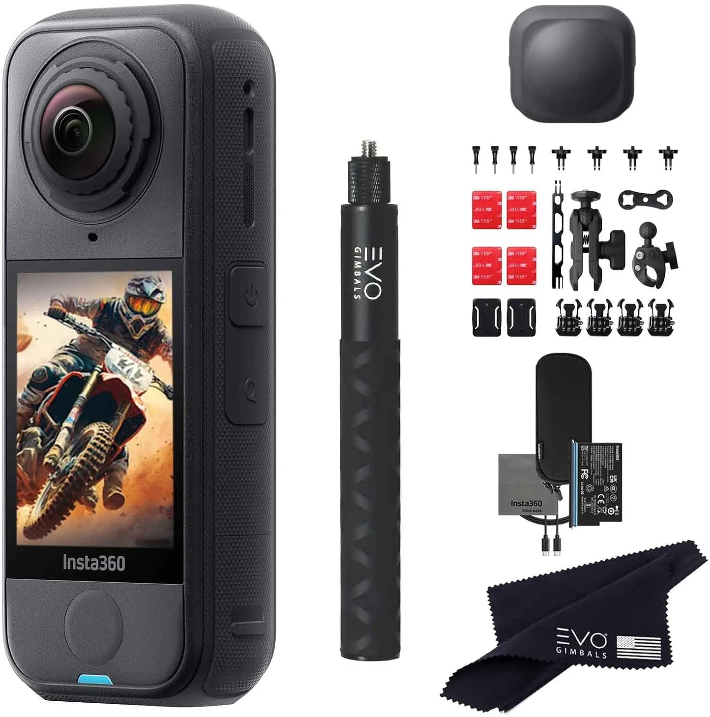 Waterproof 360 video camera with wireless selfie stick and lens cover