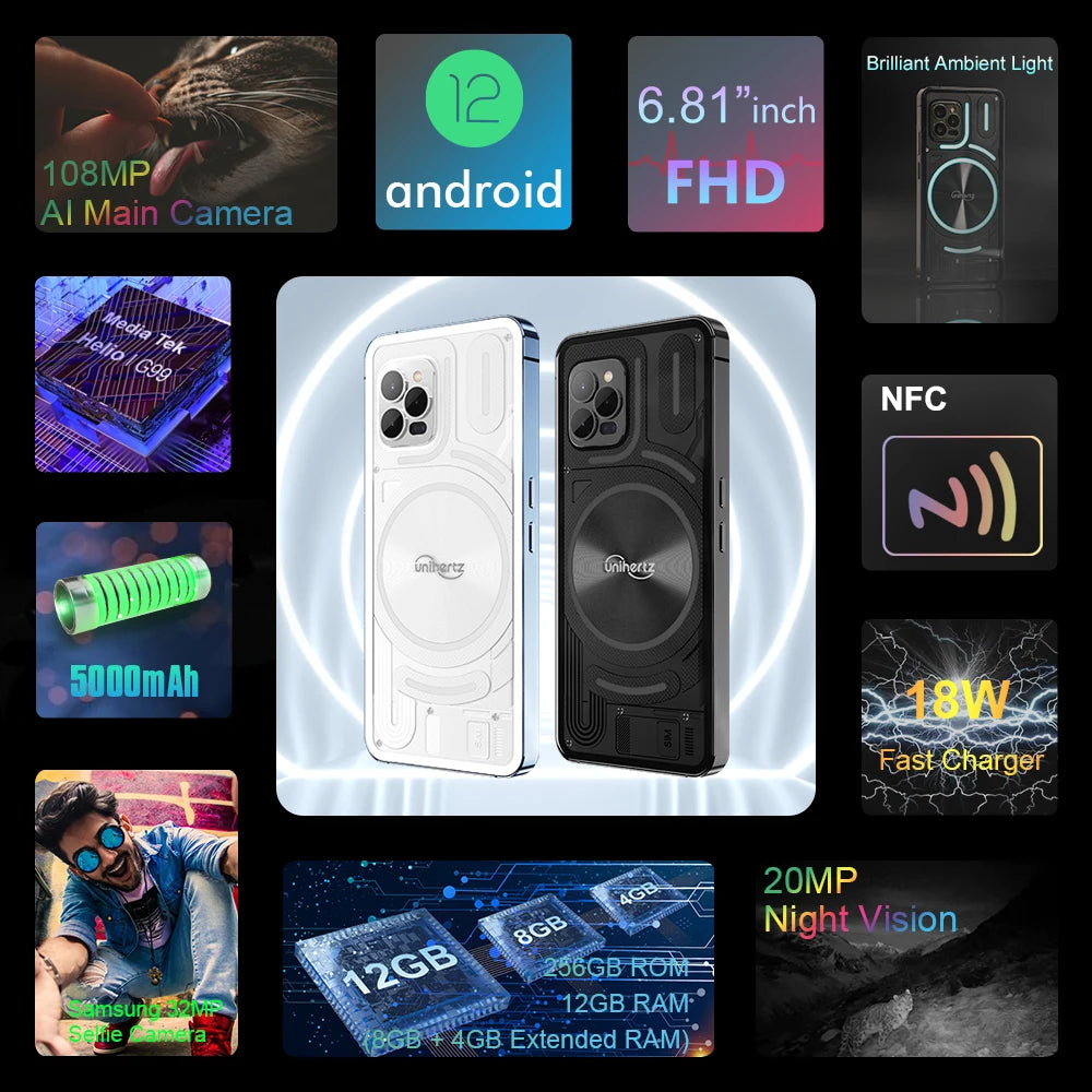 Unihertz Luna Smartphone Rhythm Ambient LED strip Music Phone 8GB RAM 256GB ROM 108MP G99 Mobile Phone Night Vision Cellphone
 4G Android smartphone featuring a transparent back with RGB "Loop Breathing Light" LED strips that