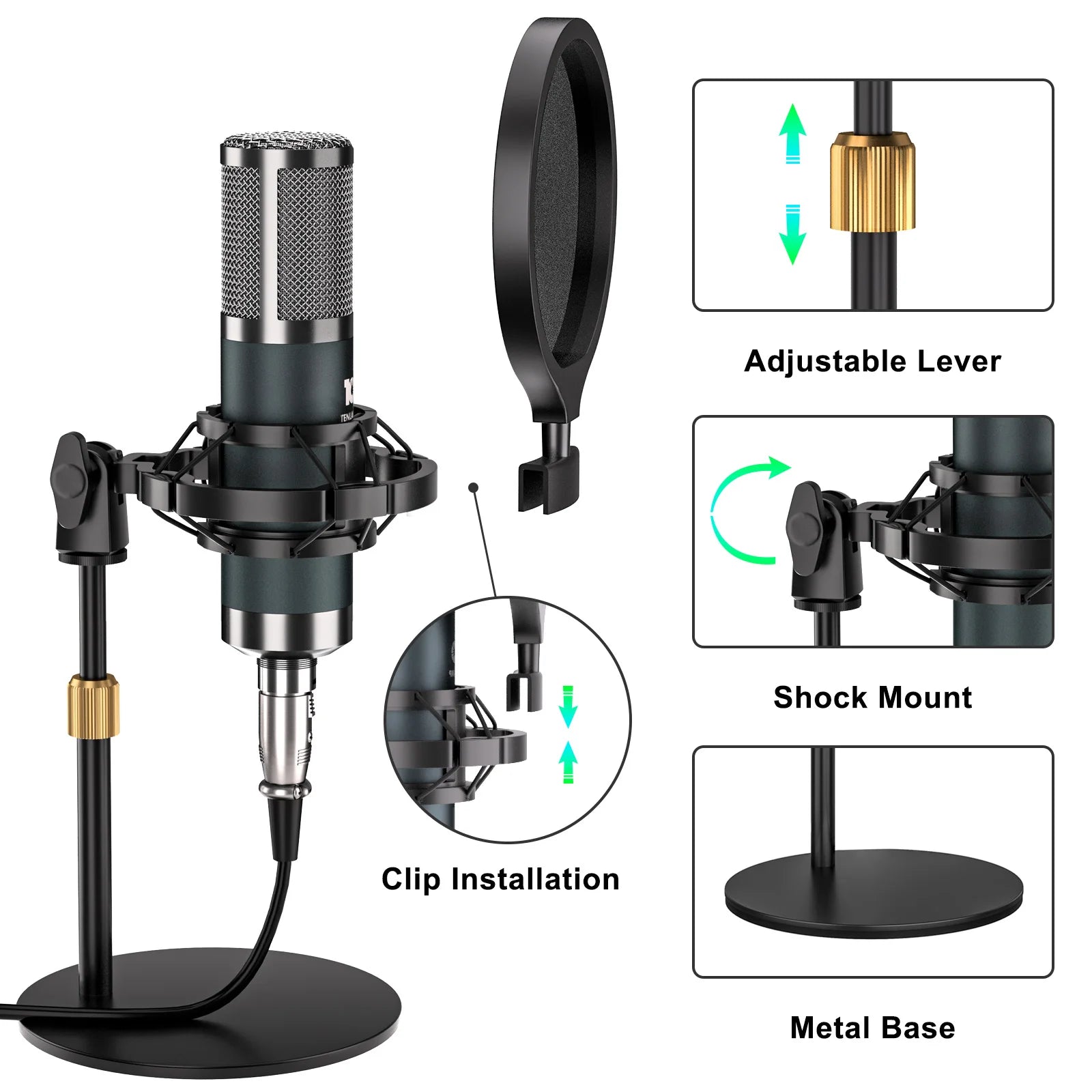 Condenser microphone kit by Perfect Take Gear mounted on adjustable stand with pop filter and shock mount