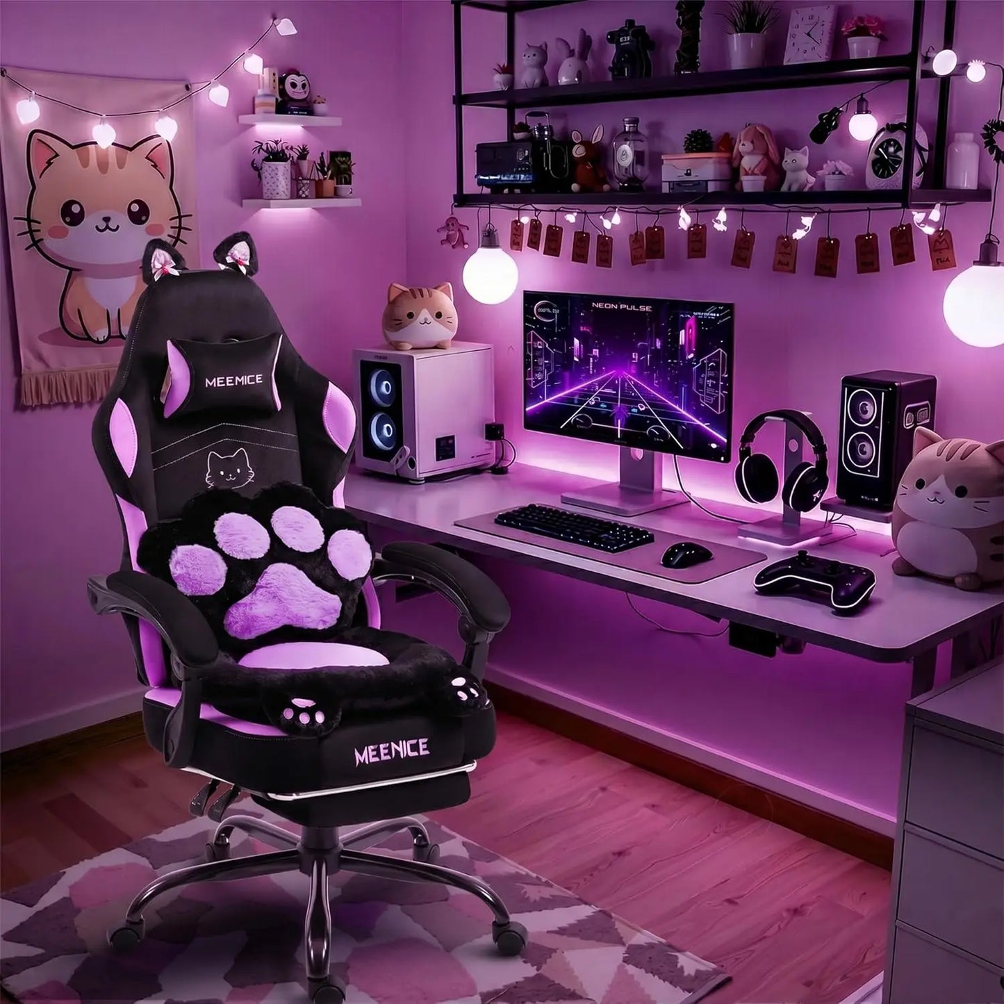 Pink Cute Gaming Chair with Cat Ears & Paw Lumbar Cushion, Ergonomic Reclining Computer Chair with Footrest, Customized Multiple Colors