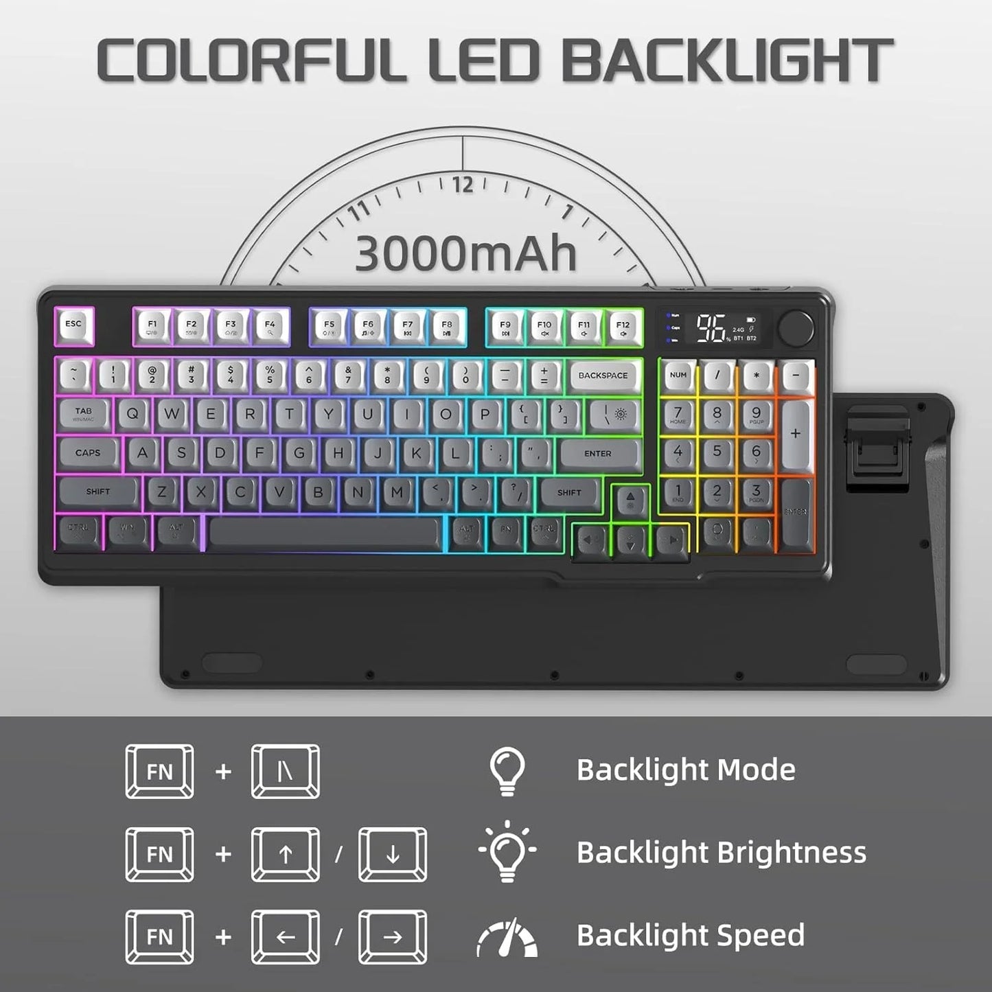 M96 Wireless Gaming Keyboard Creamy Membrane with Rainbow Backlight, Media Knob, LCD Screen, Dual Mode-Bluetooth/2.4Ghz,Ball Shape, Multiple colors