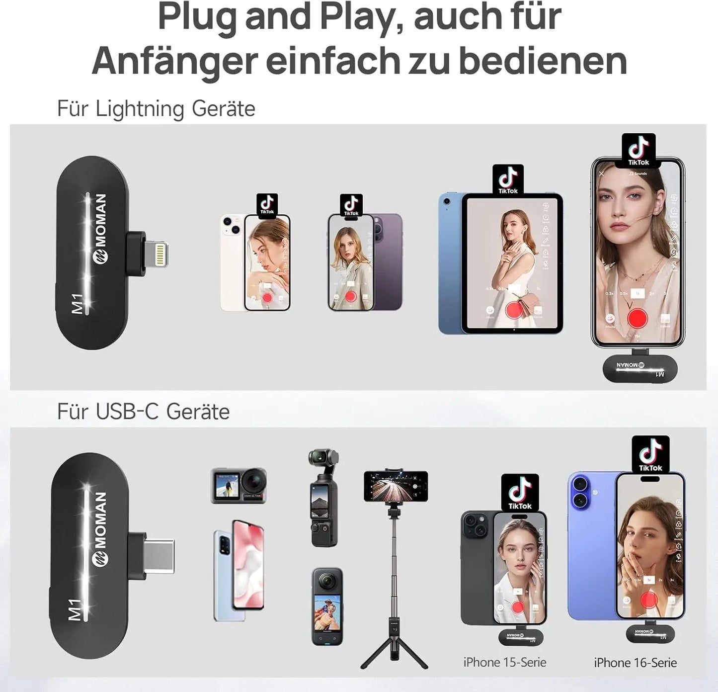Moman Lavalier Wireless Microphone 2.4GHz Lightning and Type C for Phones Tablets Vlog Interview Tiktok YouTube