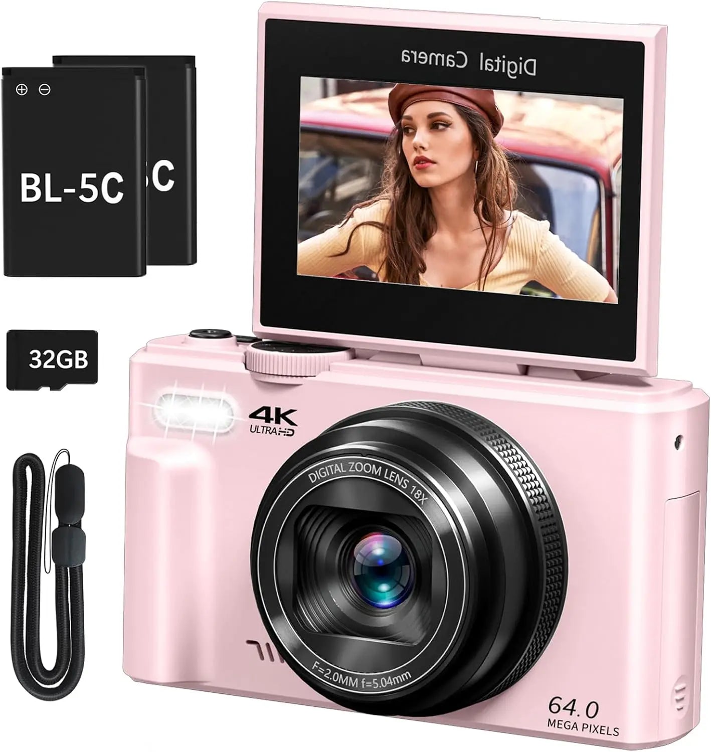Pink 64MP Photo Capture 4K Digital Camera, 180° Flip Screen Vlogging Camera, WiFi-Enabled Compact Point-and-Shoot with 32GB Memory Card, Easy to Use for Beginners and Travelers,