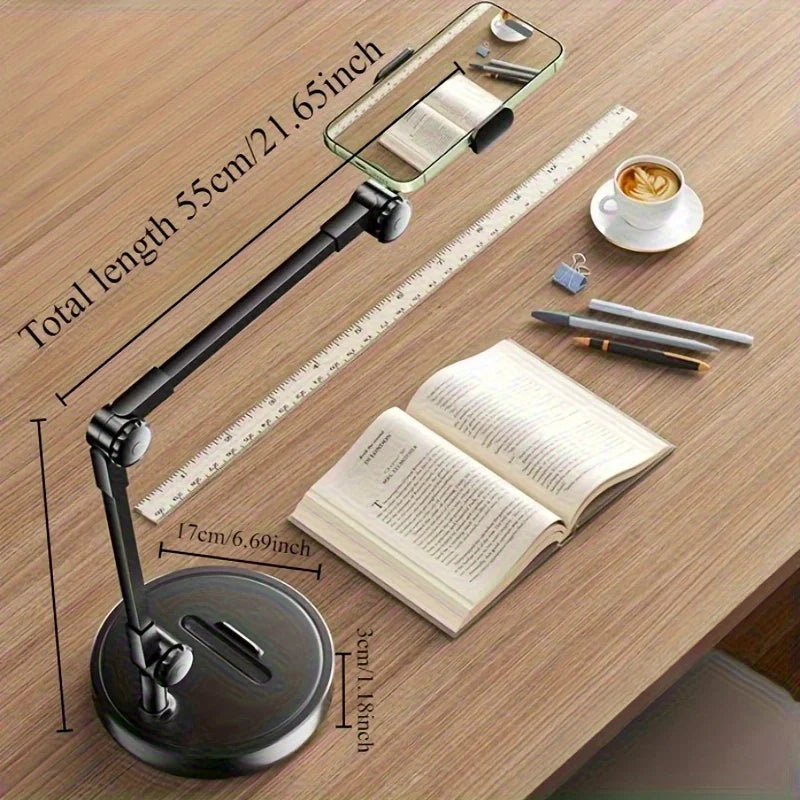 Adjustable metal phone desktop stand with ergonomic grip in black for vlogging and live broadcasts