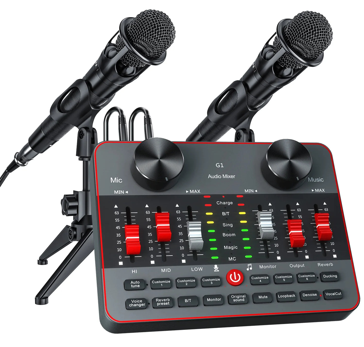 Live Sound Card 6 Channel Audio Mixer with Two 3.5mm Condenser Microphone, Professional Podcast Influencer KOL Singing Gaming DJ Mixing Station Controller Equipment