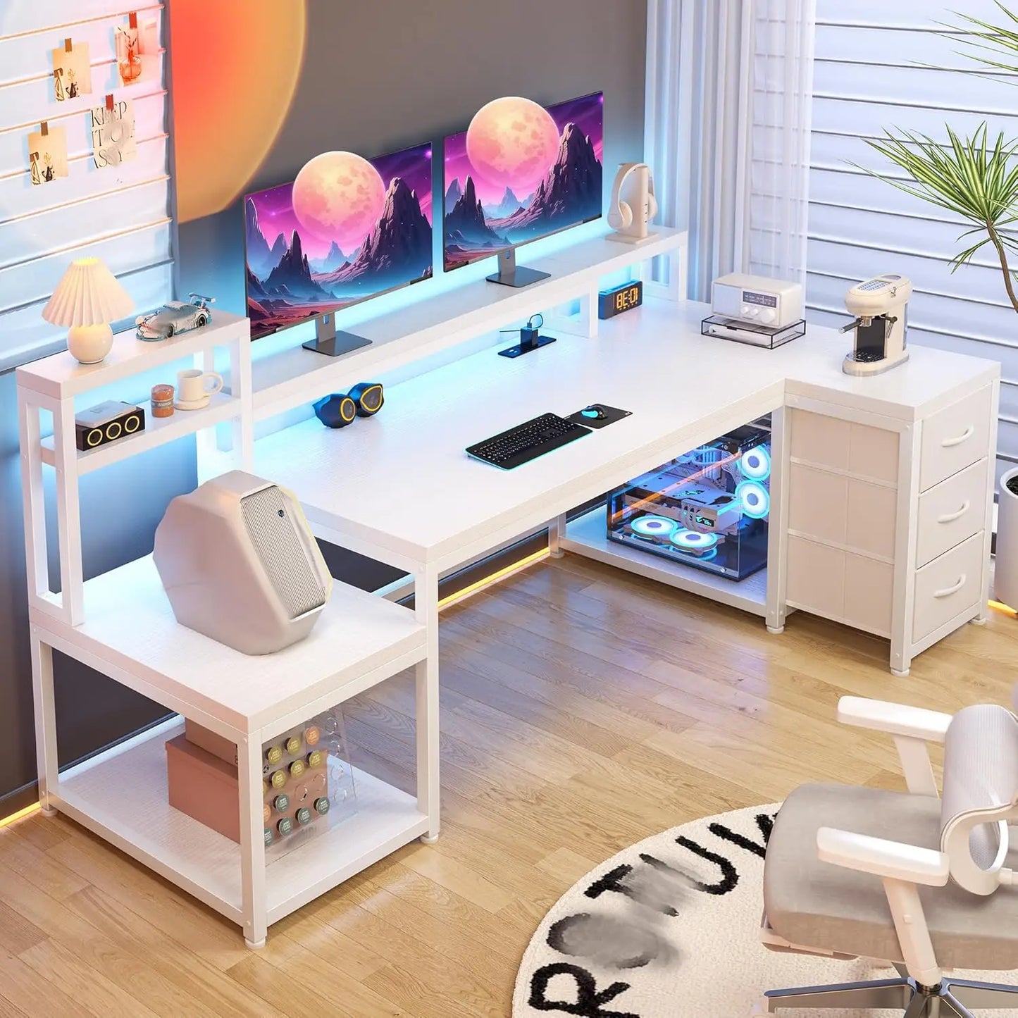 71" L Shaped Gaming Desk with 3 Drawers & Hutch,Computer Desk with Monitor Stand & Power Outlet,Home Office Desk, Customized