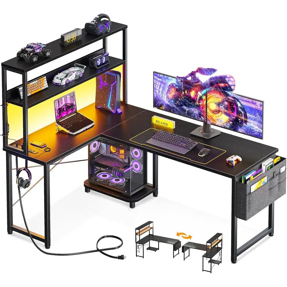 53 L-Shaped Gaming Desk with LED, Reversible, Power Outlets, Storage, Black