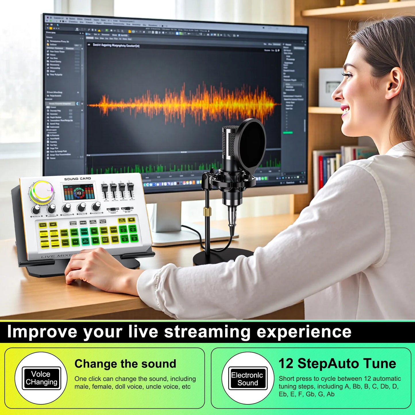 Tenlamp Podcast Equipment Bundle Kit for 4 People Profesional Studio Sound Board with 3.5mm Condenser Microphone(Y300-P15B) for Pc/Phone，Live Sound Card Full Set Voice Changer Mobile Audio Mixer With Bluetooth