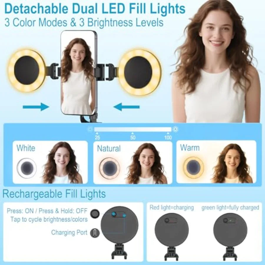71" Content Creator Essentials Vlogging Kit - 2 Lights and 2 Mics 360° Rotating Auto Face Tracking Tripod for iPhone/Android/Ca