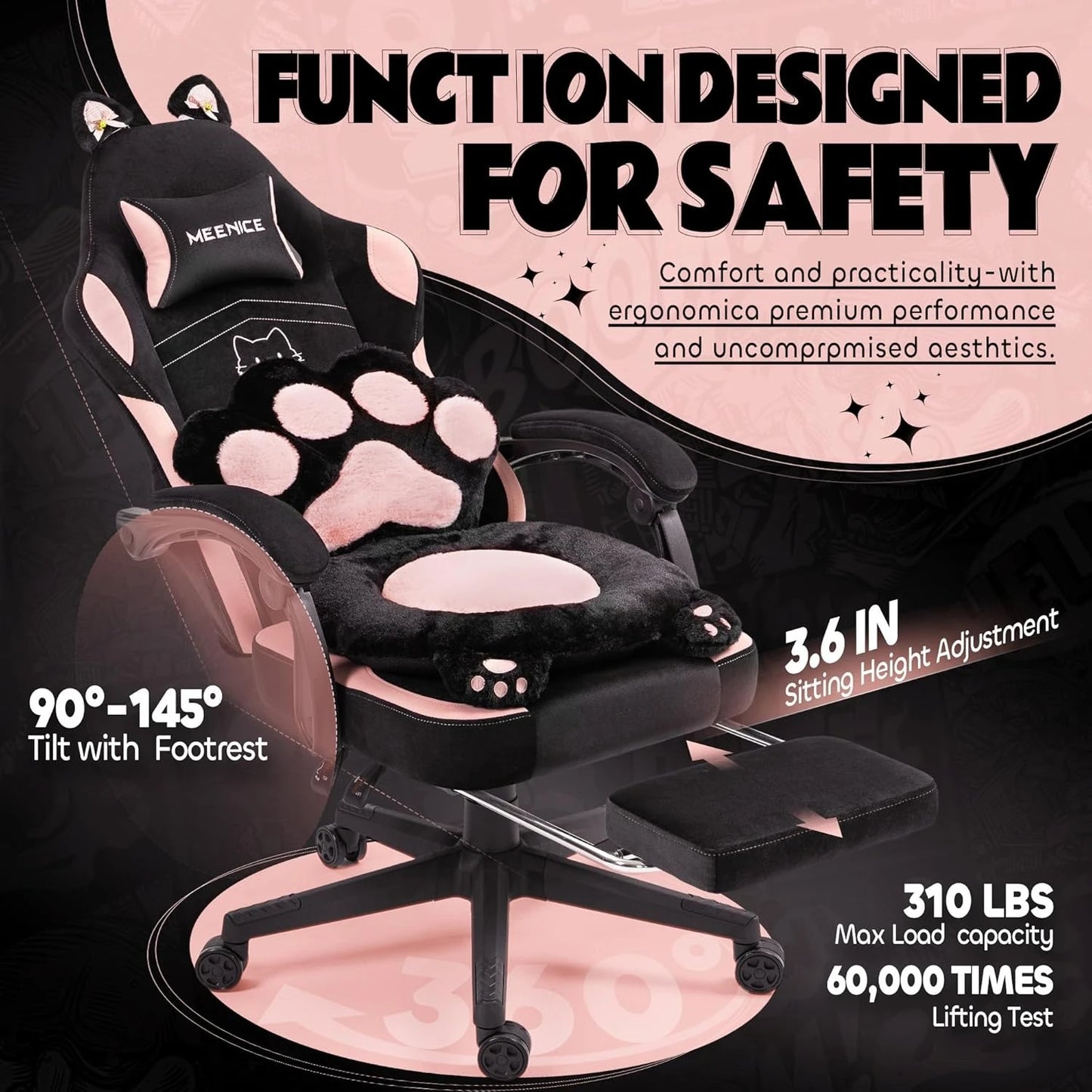 Pink Cute Gaming Chair with Cat Ears & Paw Lumbar Cushion, Ergonomic Reclining Computer Chair with Footrest, Customized Multiple Colors