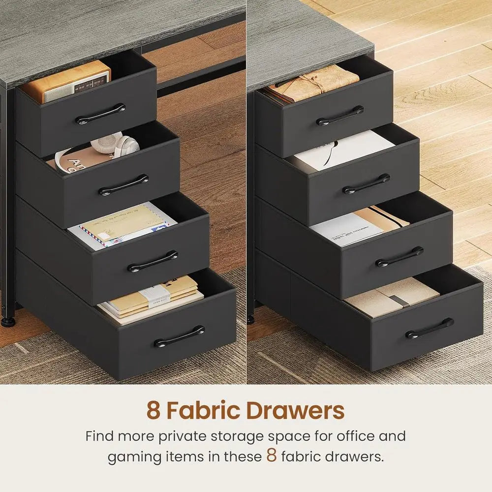 94.5-inch dark gray 2-person gaming and home office desk with 8 fabric drawers