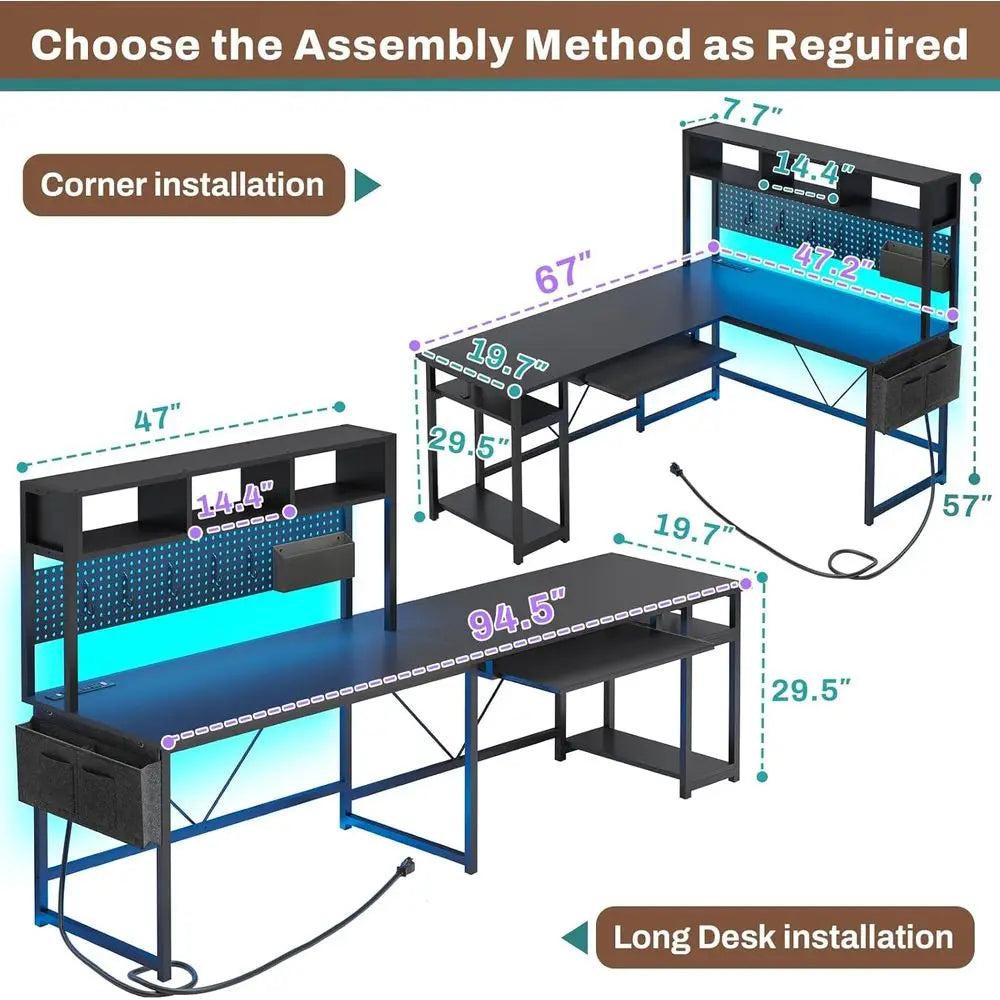 Black L-Shaped Gaming Desk with Reversible Surface, Power Outlet, LED Lights, and Storage Solutions
