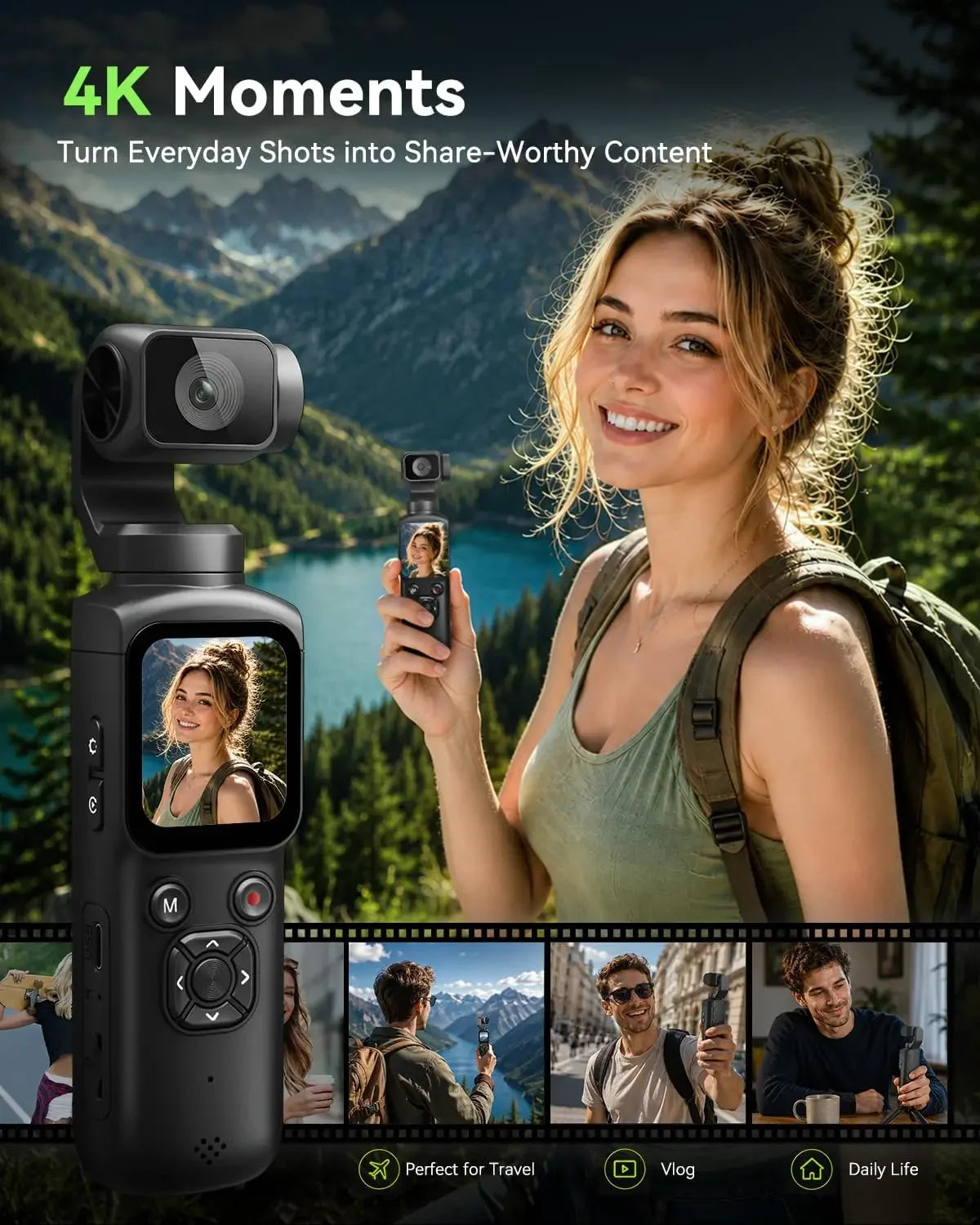 4K Action Camera With 330° Face Tracking Gimbal Stabilizer 1.72 Inch Touch Screen 64MP Pocket Digital Camera WiFi Sports Cam ** SHIPS FROM CHINA**
