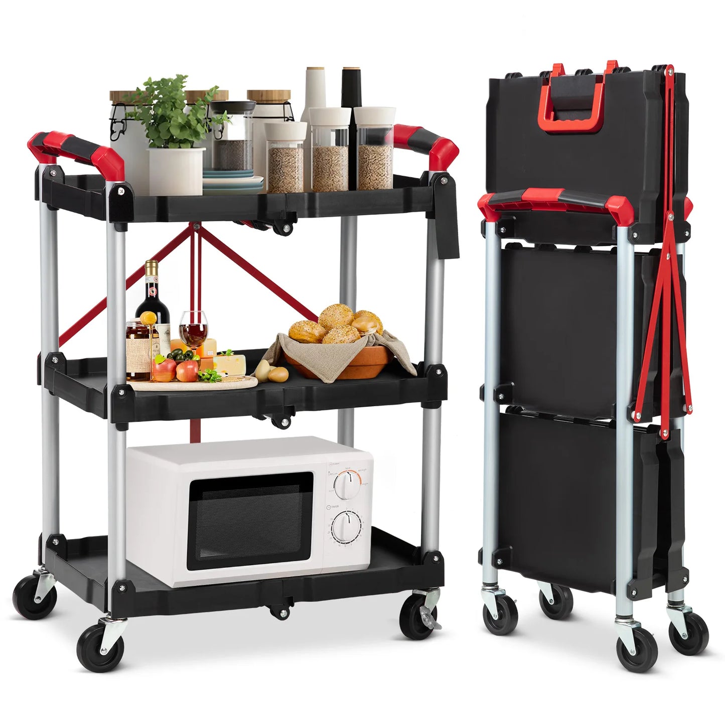 Three-tier foldable utility cart loaded with kitchen and pantry items