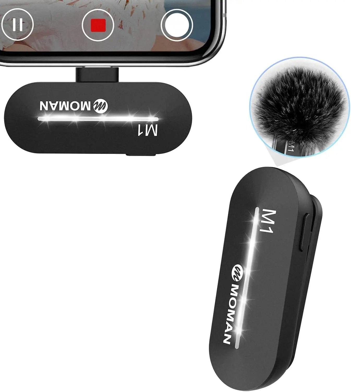 Moman Lavalier Wireless Microphone 2.4GHz Lightning and Type C for Phones Tablets Vlog Interview Tiktok YouTube