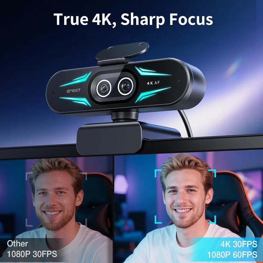 4K Dual-Camera Webcam with 11X Hybrid Zoom, PDAF Autofocus, Remote Control, RGB Lighting, 2 Mics for Streaming & Meetings