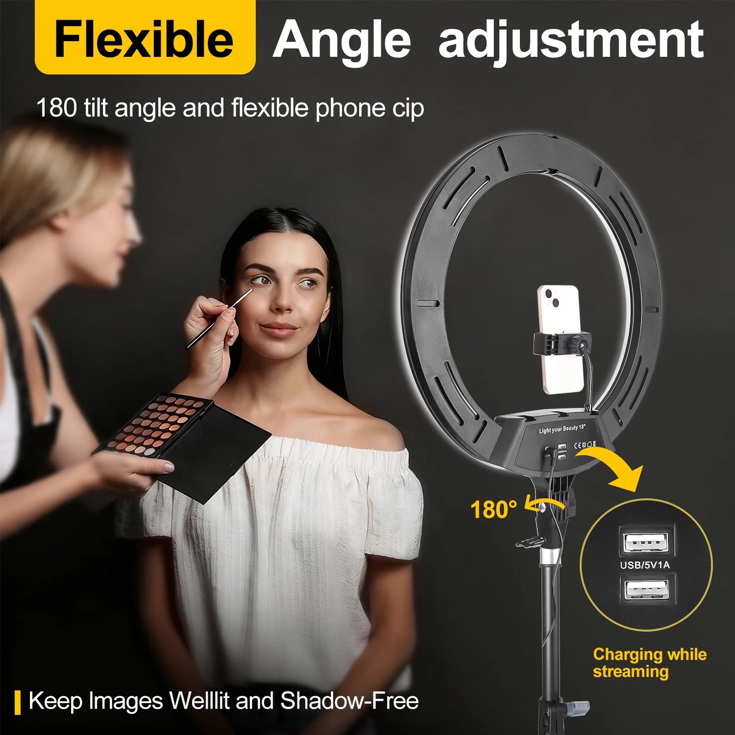 Professional 18 Inch Ring Light Kit - 1.86m Collapsible Tripod with 3 Adjustable Phone Holders, RGB Lighting Modes, Perfect for Portrait Photography/Videos/Online Teaching