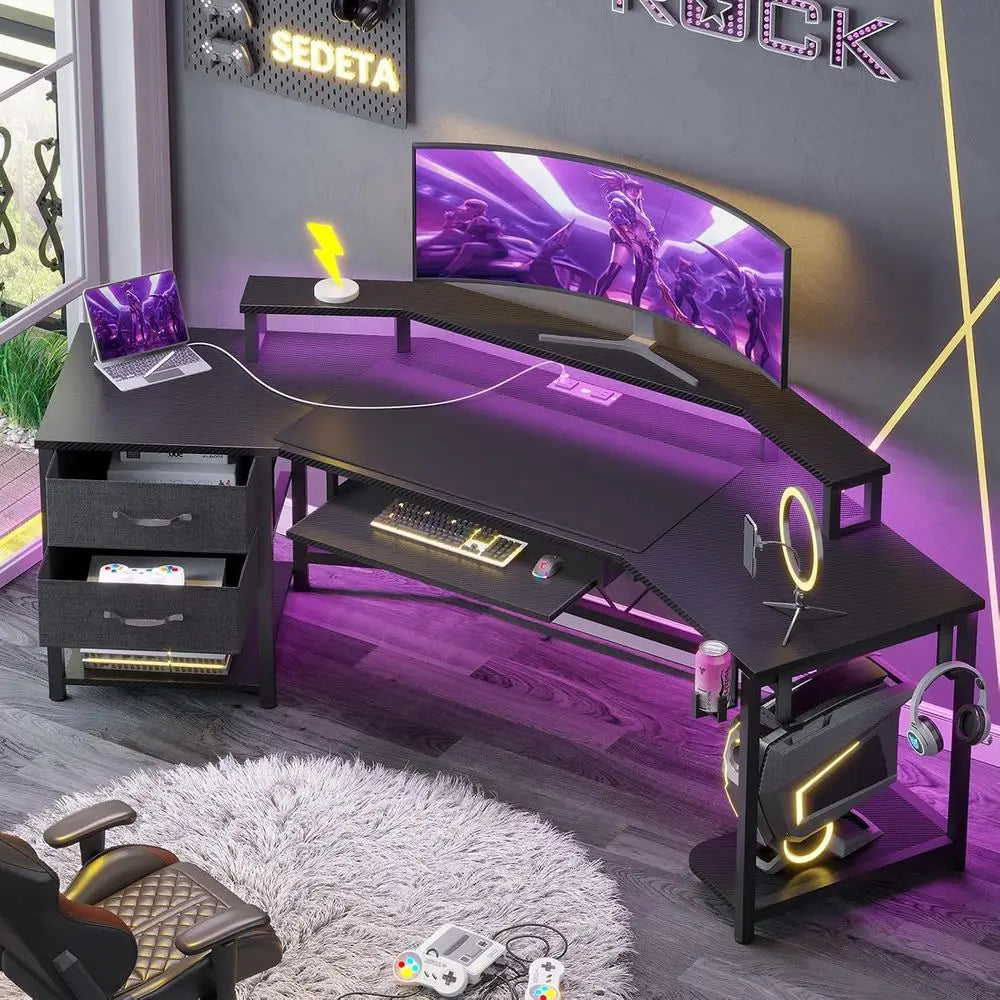79 Inch L Shaped Gaming Desk With Carbon Fiber Top And Led Lights