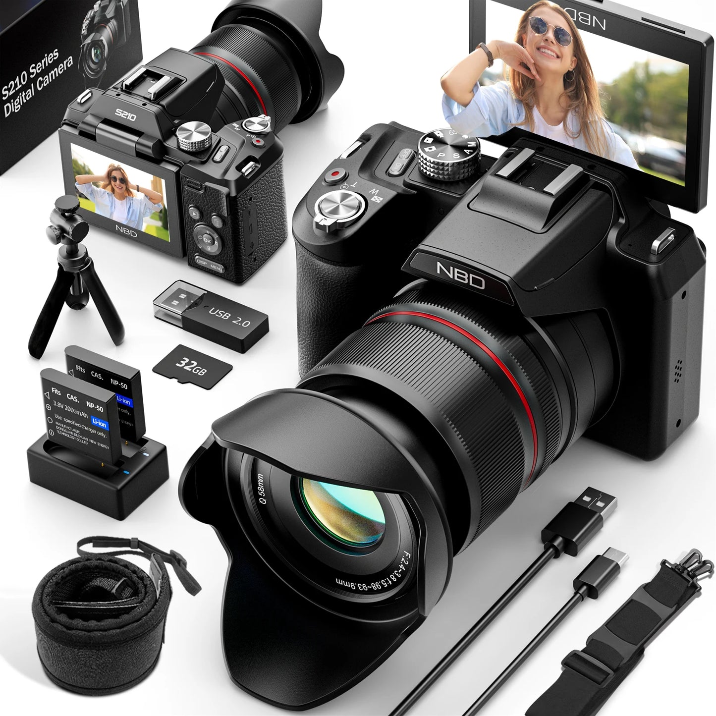 NBD 64MP Digital Cameras for Photography, 16X Optical Zoom Camera with WiFi & App Control, Vlogging Camera with 180°Flipable Screen