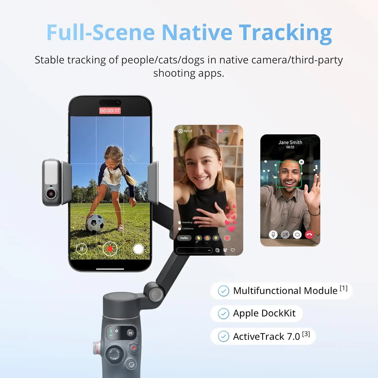 DJI Osmo Mobile 8 gimbal stabilizer for smartphones with AI tracking and lighting setup