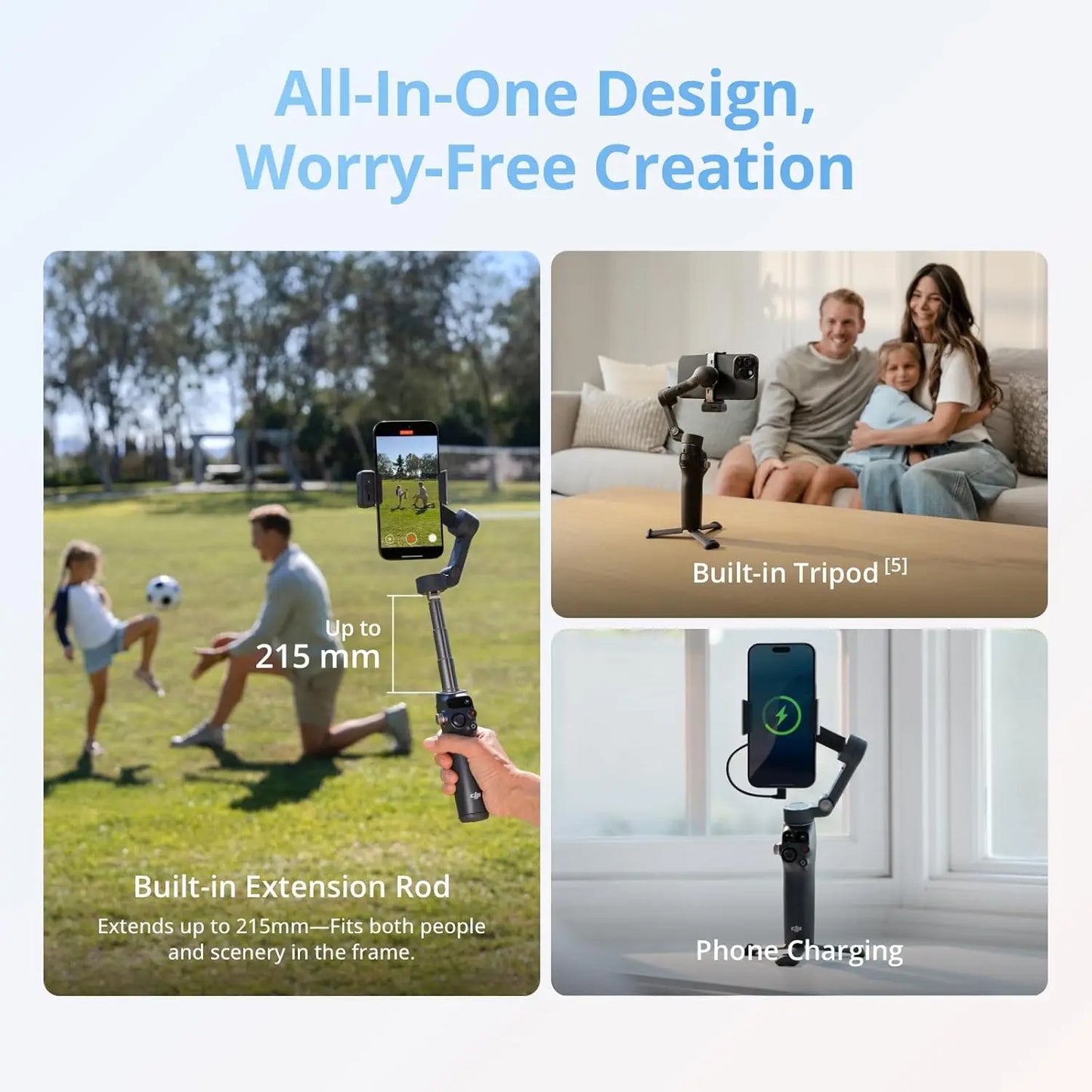 Dji Osmo Mobile 8 gimbal stabilizer for smartphones with AI tracking; built-in tripod, 215mm extension rod