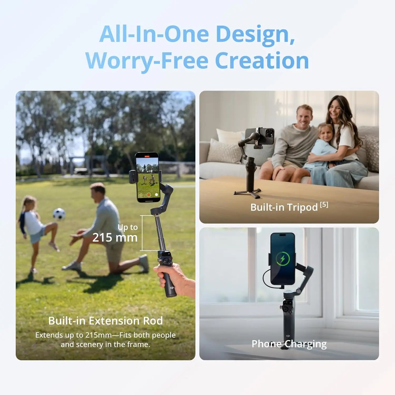 Dji Osmo Mobile 8 gimbal stabilizer for smartphones with AI tracking; built-in tripod, 215mm extension rod