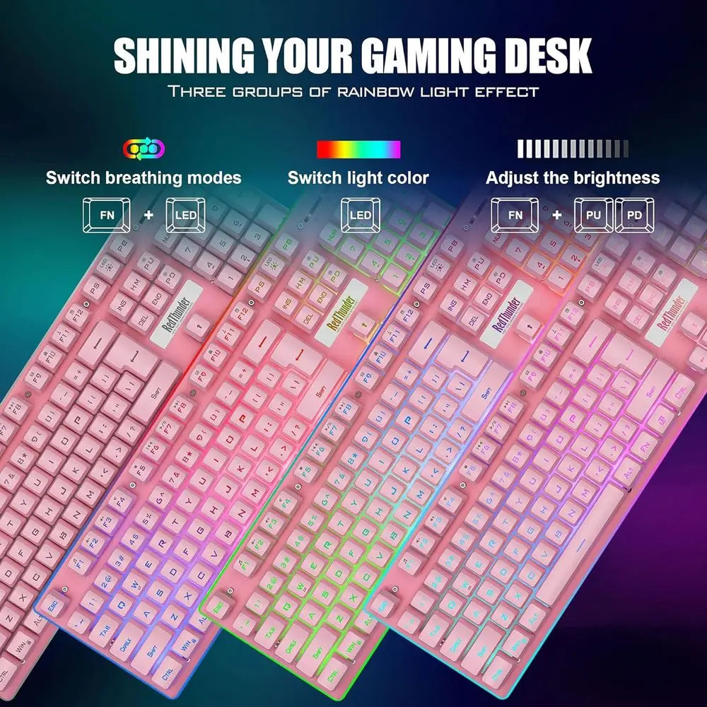 Wireless Pink Gaming Keyboard and Mouse Set, LED Backlit, Rechargeable 3800mAh, Mechanical Key Anti-ghosting + 7D 3200DPI Gaming Mouse