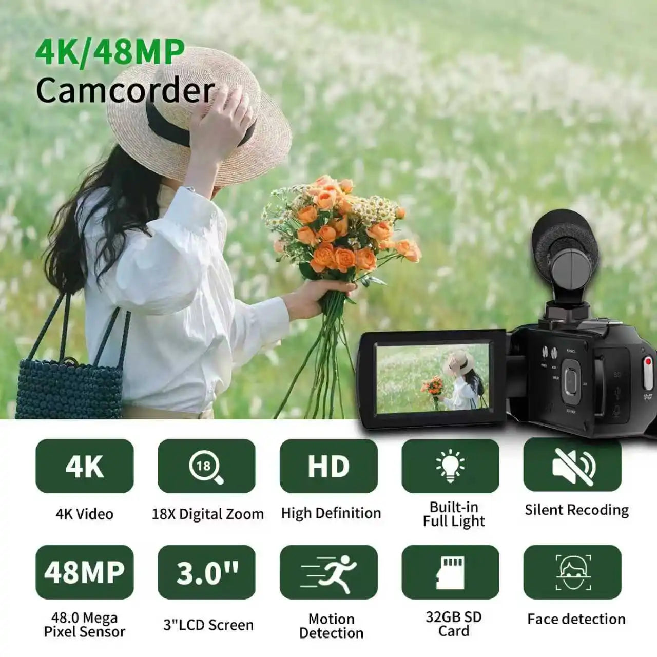 48MP 4K Handheld DV Camera With 3 Inch Flip Screen And 18X Zoom
