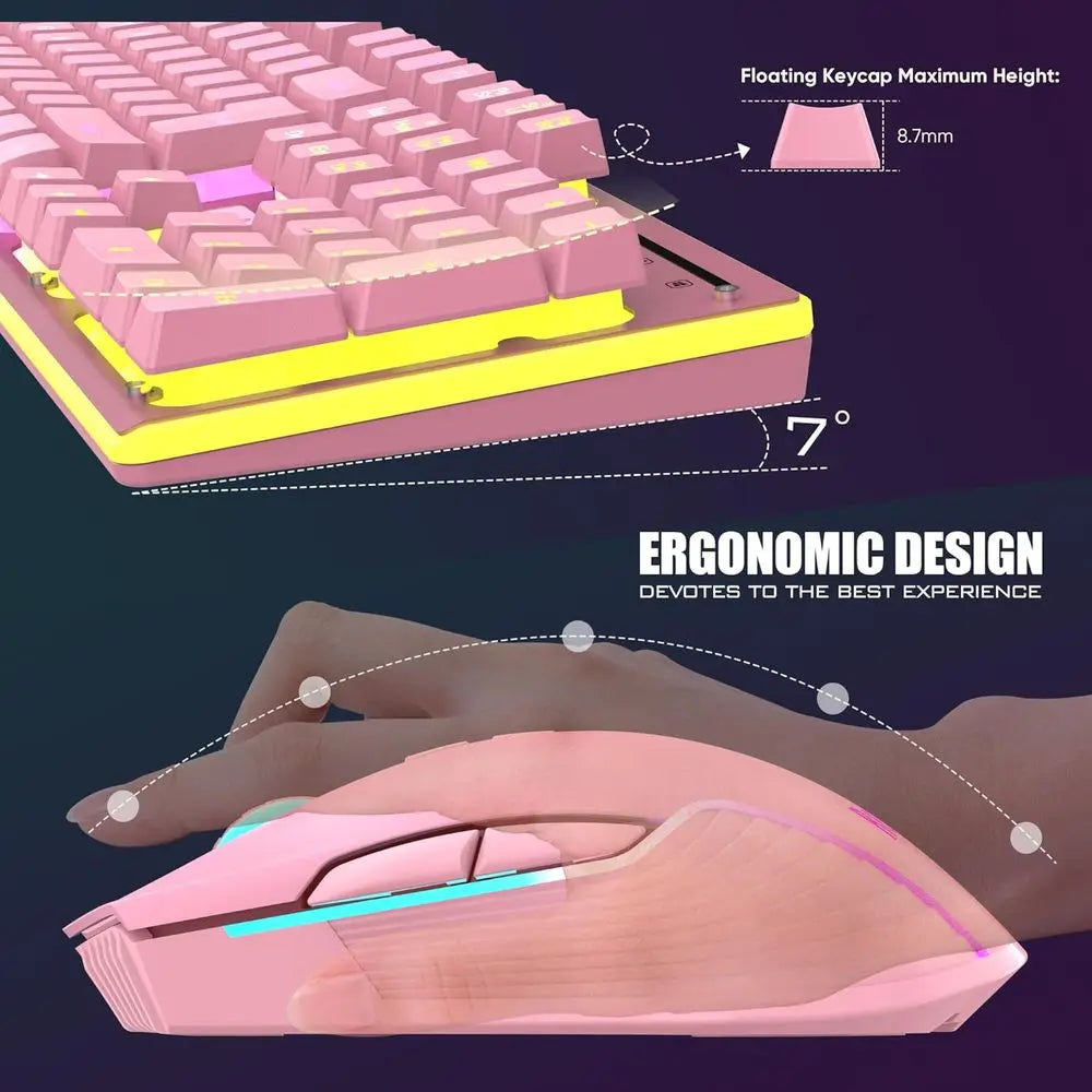 Wireless Pink Gaming Keyboard and Mouse Set, LED Backlit, Rechargeable 3800mAh, Mechanical Key Anti-ghosting + 7D 3200DPI Gaming Mouse