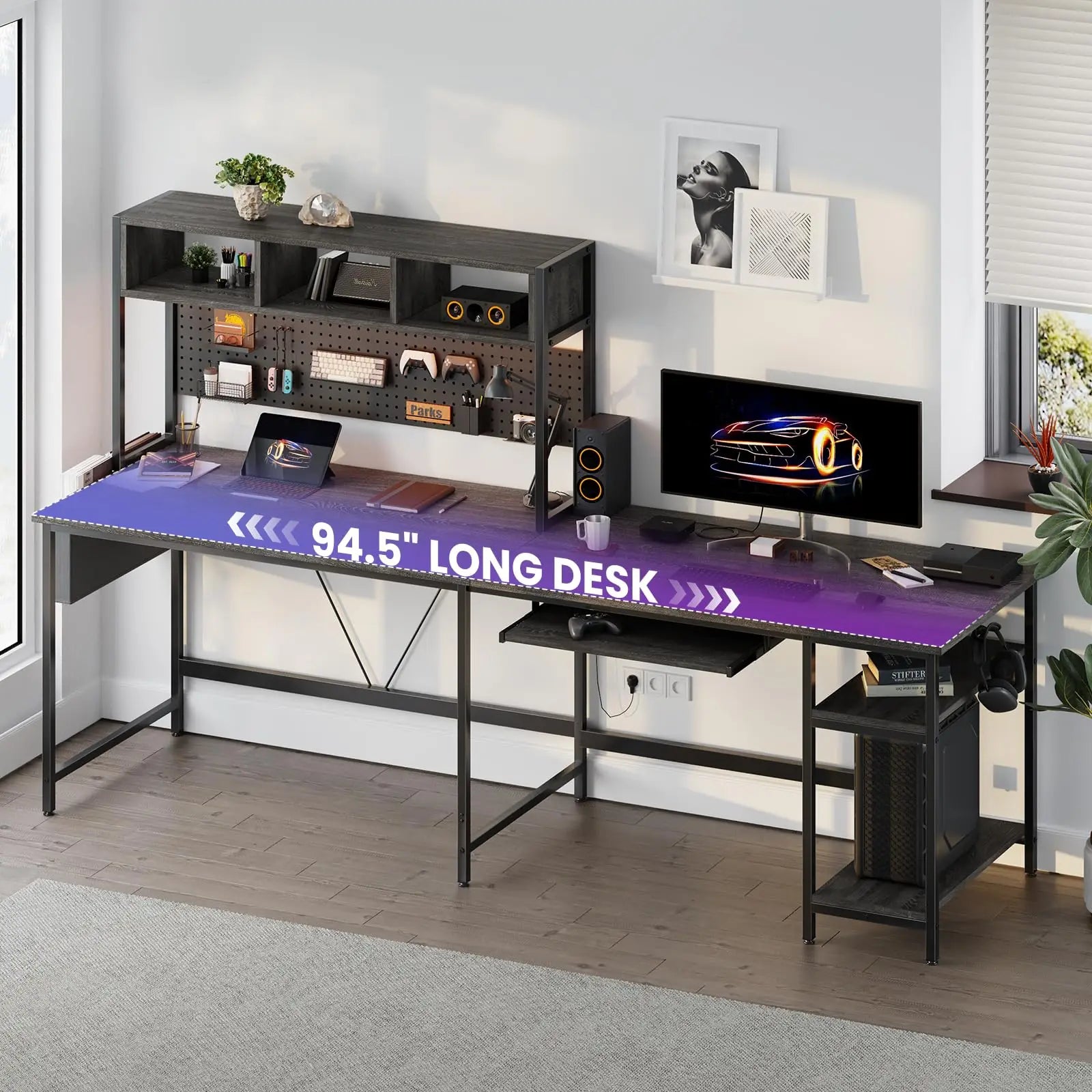JHK 67in L-Shaped Gaming Desk with metal frame, pegboard storage, keyboard tray, and LED lighting