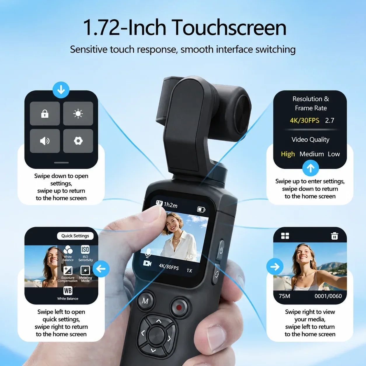 4K Action Camera With 330° Face Tracking Gimbal Stabilizer 1.72 Inch Touch Screen 64MP Pocket Digital Camera WiFi Sports Cam ** SHIPS FROM CHINA**